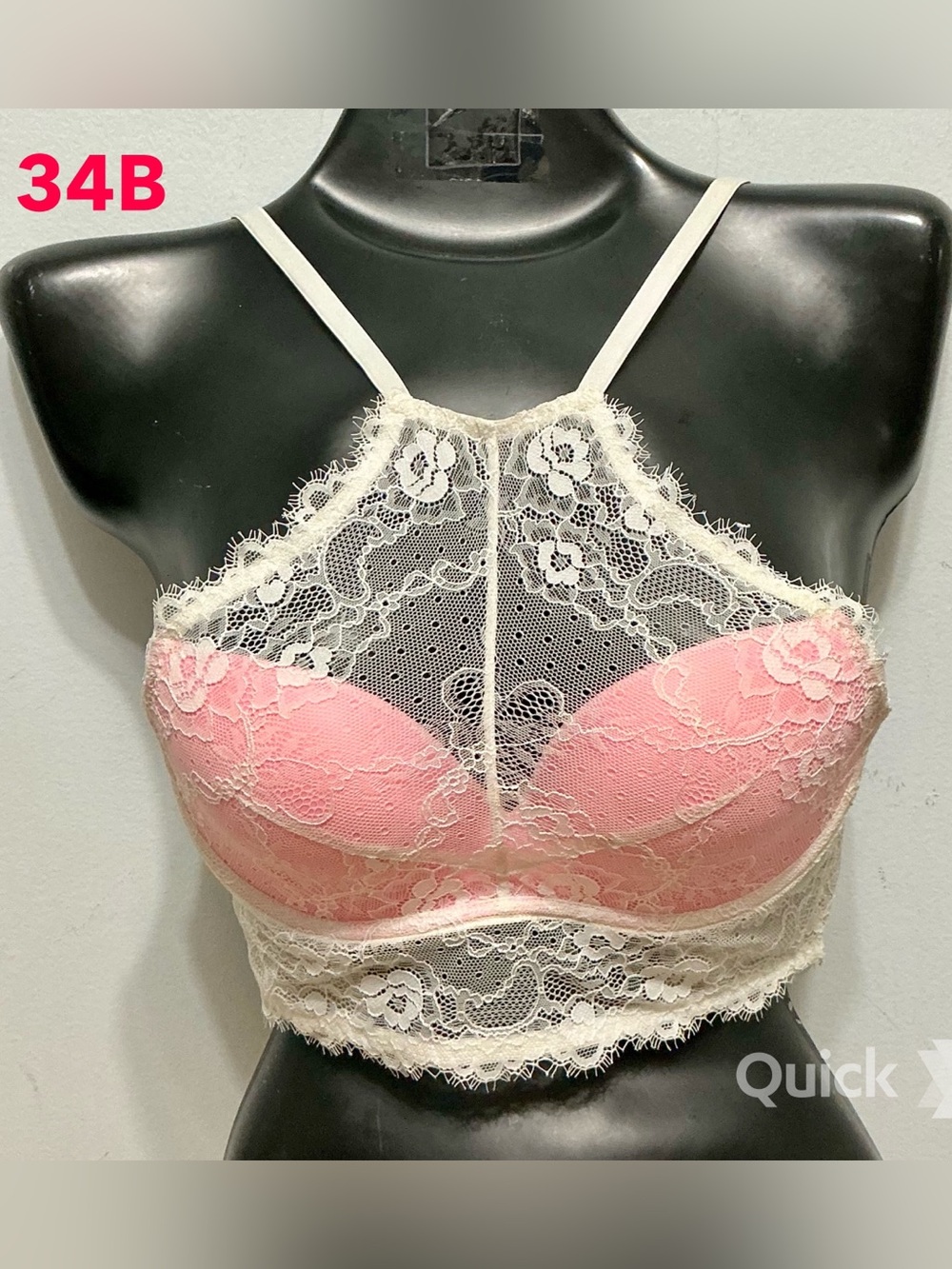 34B - Pink Lace Bralette with White Sheer Overlay